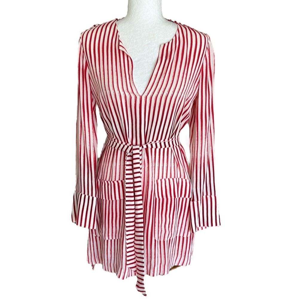 Adolfo Dominguez Red & Off White Striped Print Tie Waist Tunic Shirt Dress - S